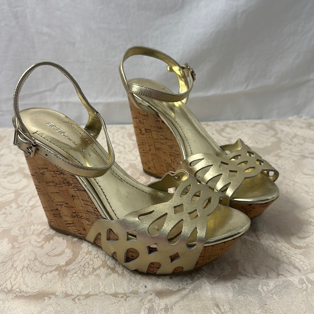 BCBG gold metallic wedge sandals, size 8